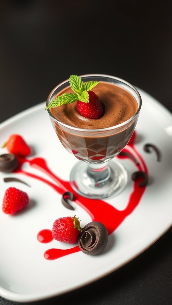 Elegant dessert plating of chocolate mousse with raspberry sauce and fresh berries.